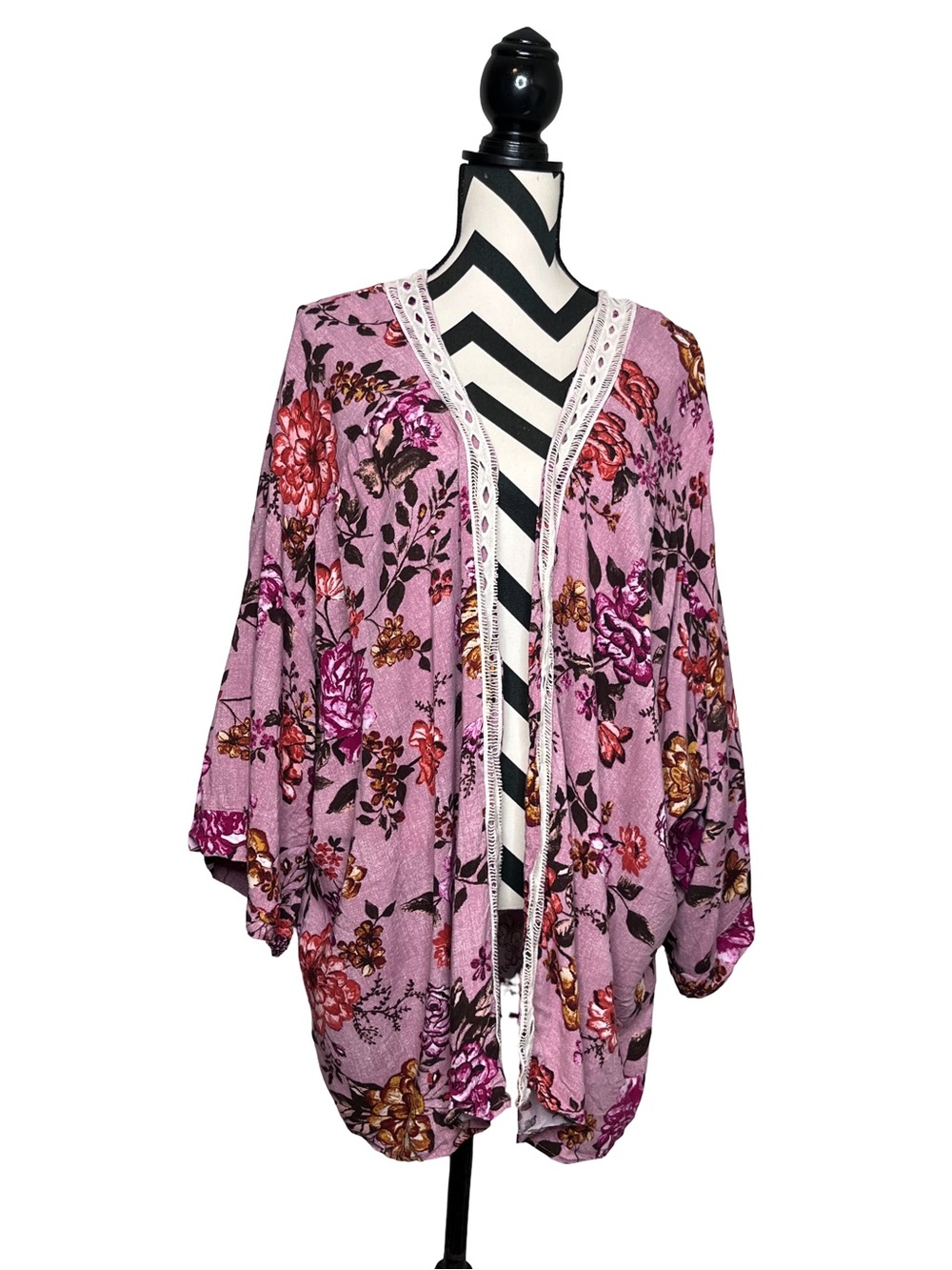 Whimsigoth Witchy Fairy Grunge Boho Floral Lace Trim Open Front Kimono Sz 2X